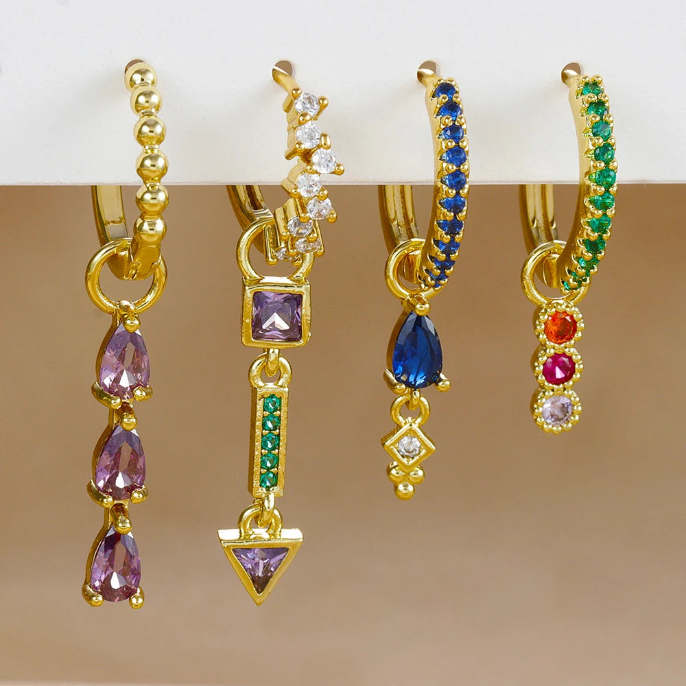 2PCS Stainless Steel Multicolor Zircon Geometry Drop Earrings