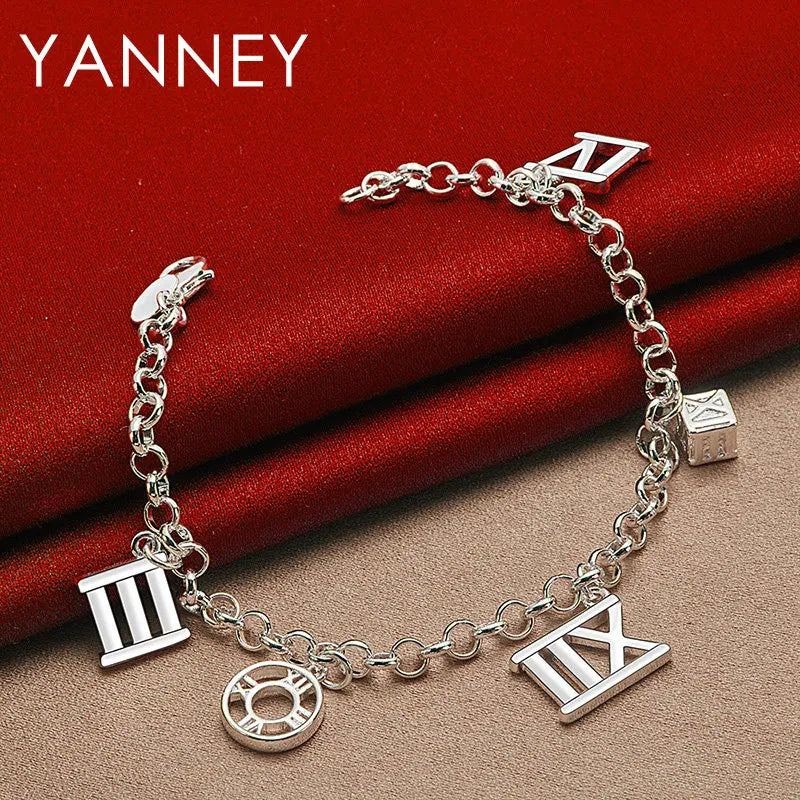 925 Sterling Silver 8-inch Roman Numerals Pendant Bracelet Women Jewellery