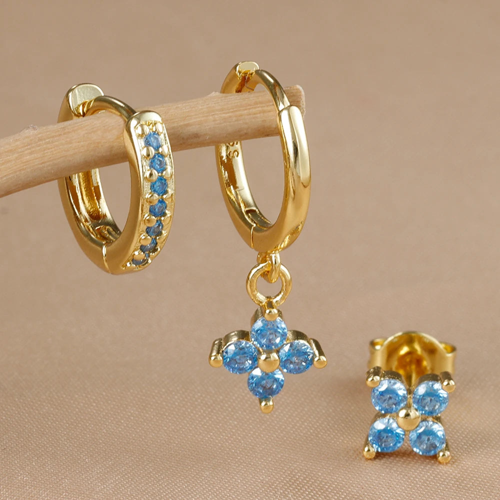 3PCS Gold Colour Crystal Zirconia Drop Earrings Flower Dangle Set