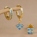 3PCS Gold Colour Crystal Zirconia Drop Earrings Flower Dangle Set