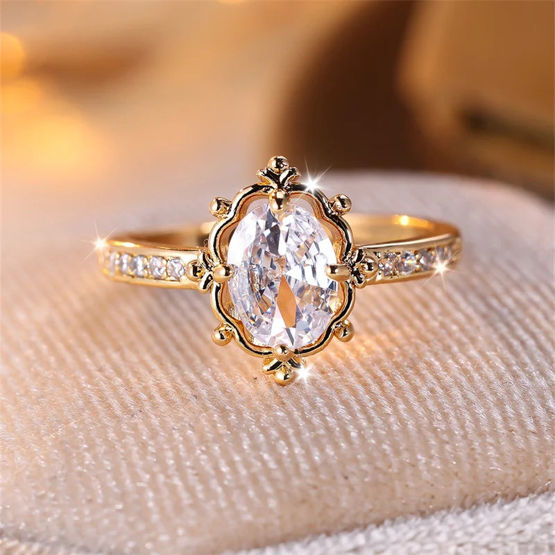 Delicate Female Oval Stone White Zircon Wedding Bands Antique Gold Color Promise Engagement Rings For Women Mothers Day Jewelry