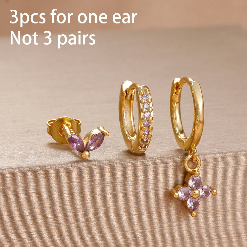 3PCS Purple Zircon Hoop Earrings for Women Stainless Steel Gold Pendant