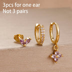 3PCS Purple Zircon Hoop Earrings for Women Stainless Steel Gold Pendant