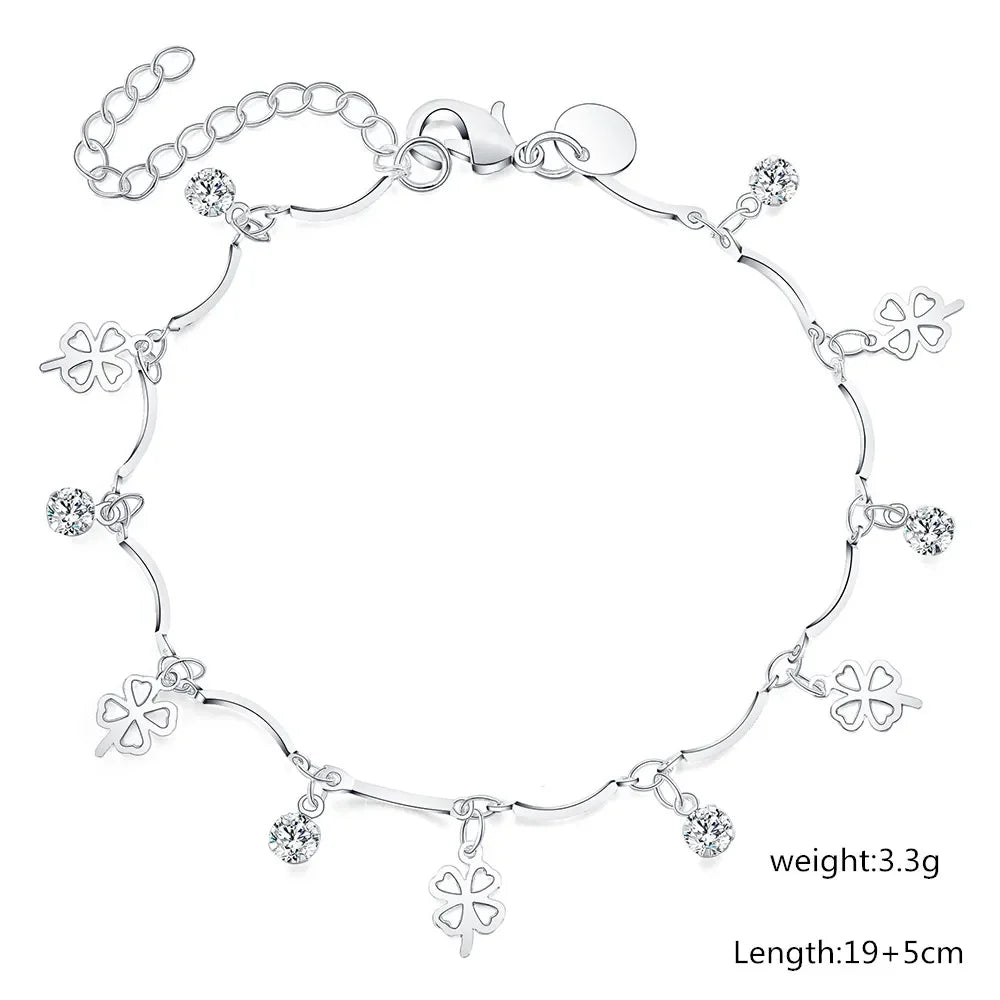 Four-Leaf Clover Zircon Chain Bracelet 925 Sterling Silver Wedding Accessory