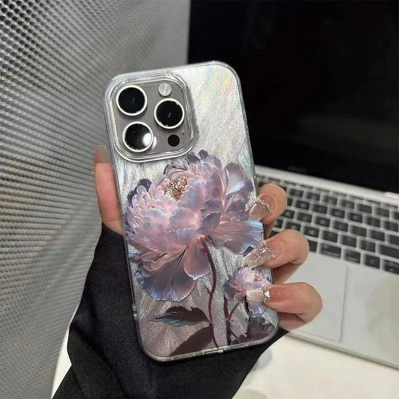Pink Peony Lotus Case for iPhone 16 15 14 13 12 11 17 Pro Max 7 8 Plus Silver
