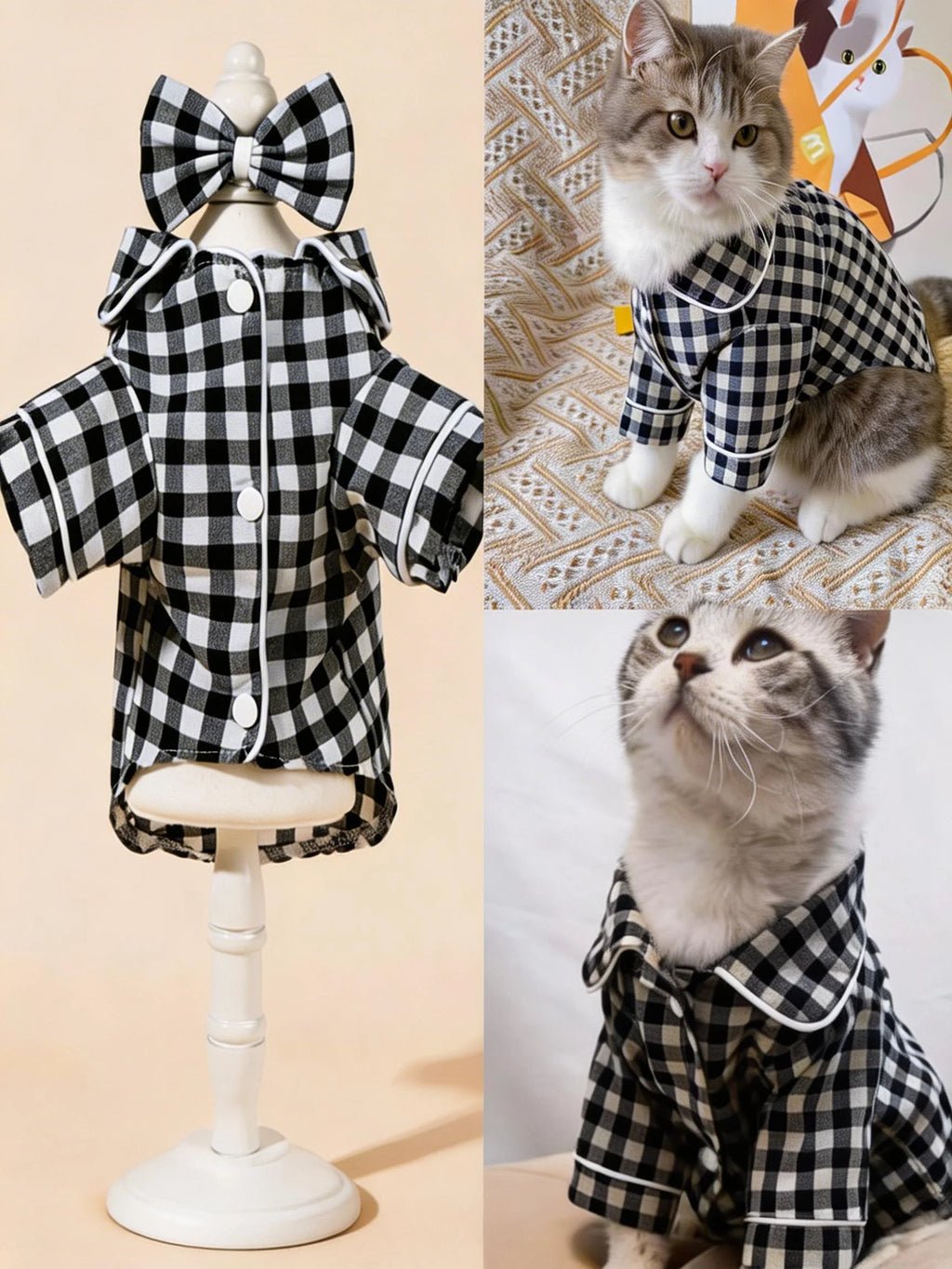 Grid Pattern Cat Dog Pajamas Set Soft Sleepsuit with Flower Headband