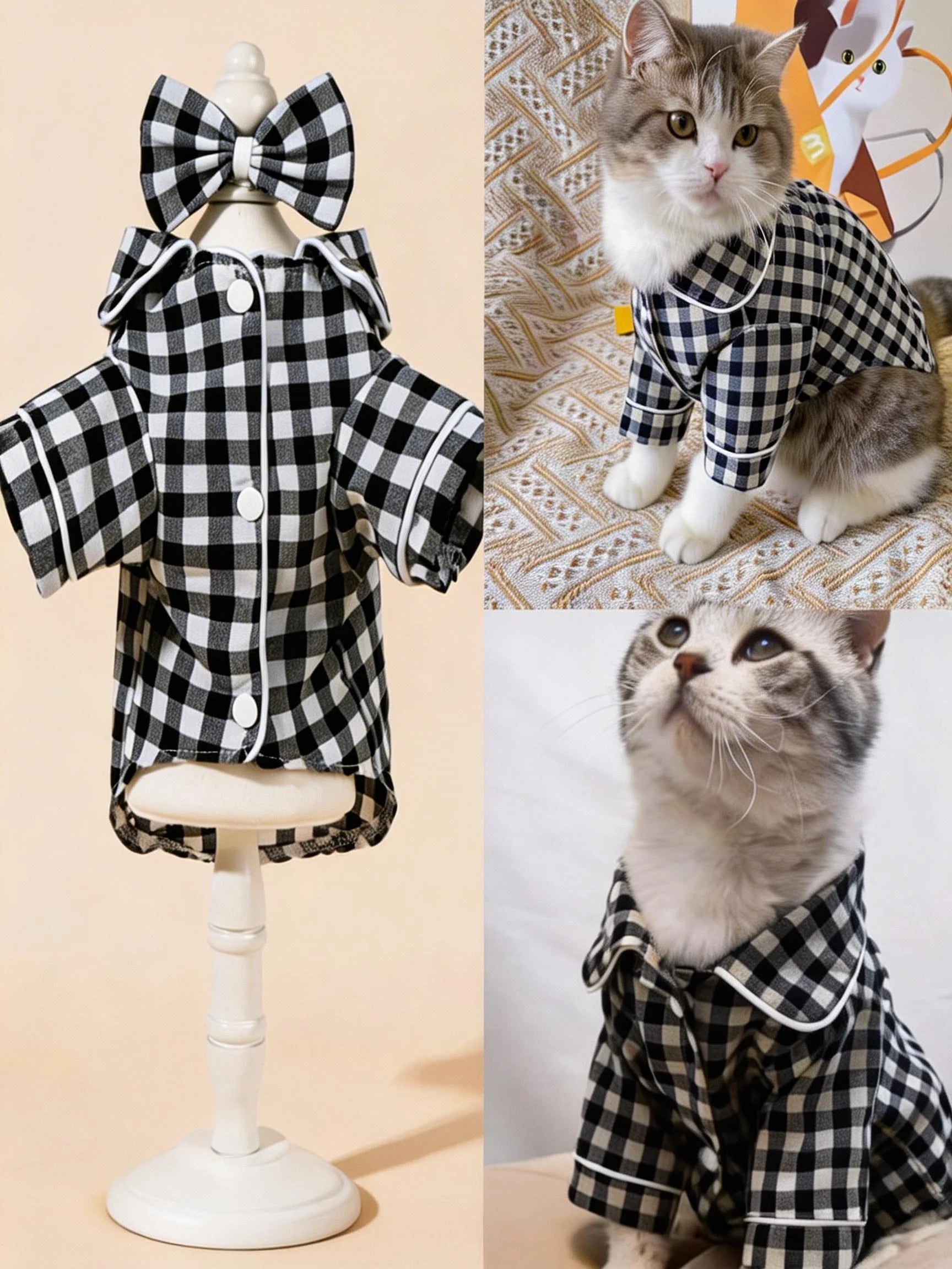 Grid Pattern Cat Dog Pajamas Set Soft Sleepsuit with Flower Headband
