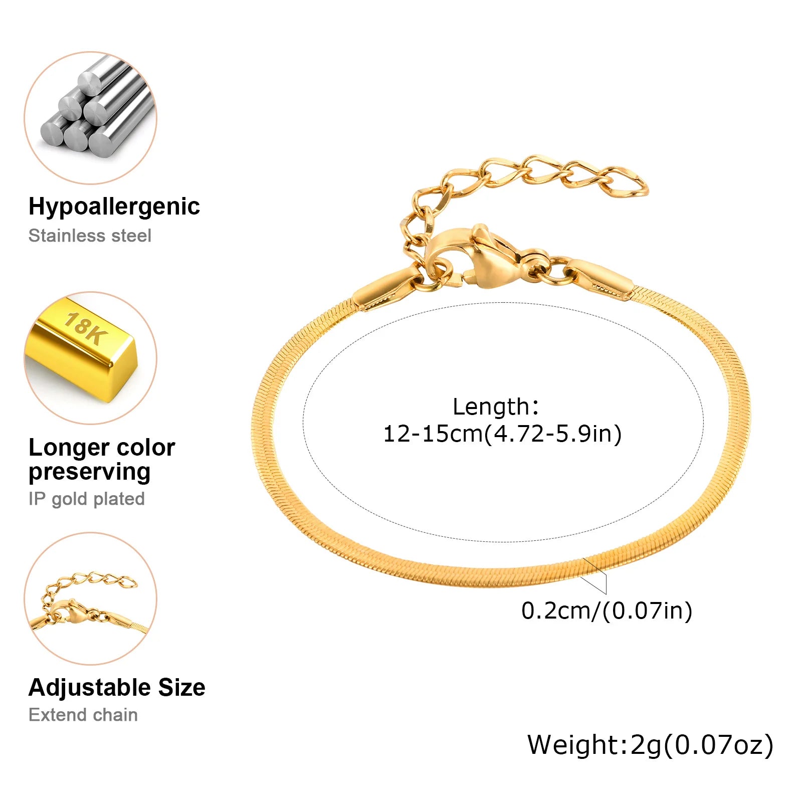 Snake Chain Bracelets for Little Girls 12cm-15cm, Hypoallergenic Non Tarnish Stainless Steel Adjustable Link