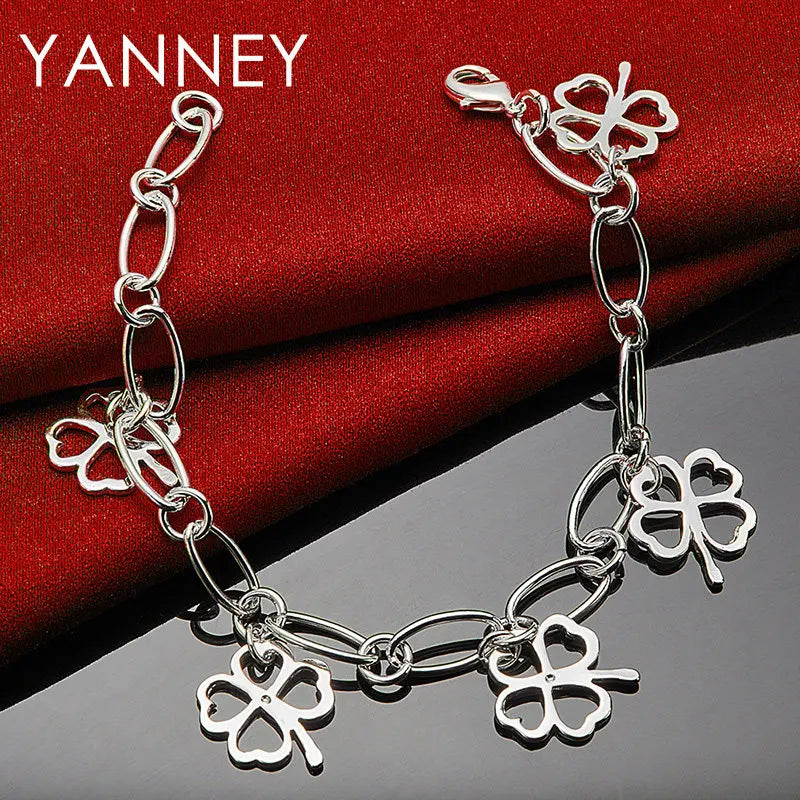 925 Sterling Silver Four-Leaf Clover Bracelet Women Party Jewellery Gift