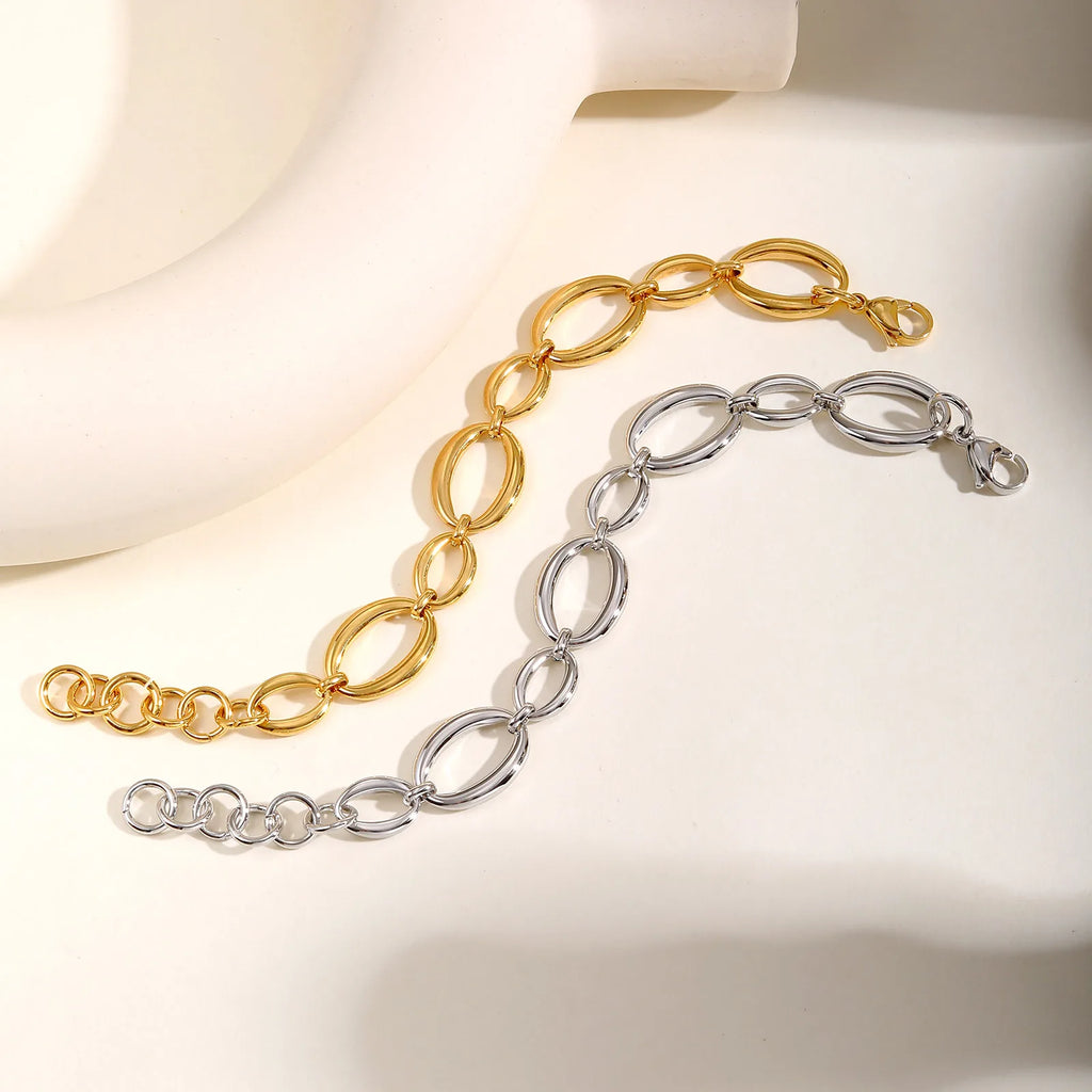 Stainless Steel Oval Fancy Link Chain Bracelets For Women, Chunky Thick Geometric Bangle Hypoallergenic Jewelry