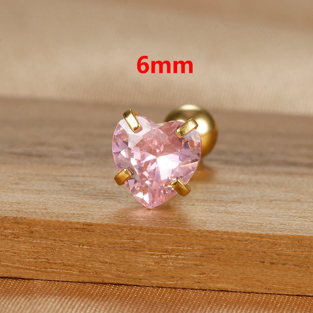 1PC Simple Pink Cubic Zirconia Heart Small Stud Earrings Steel