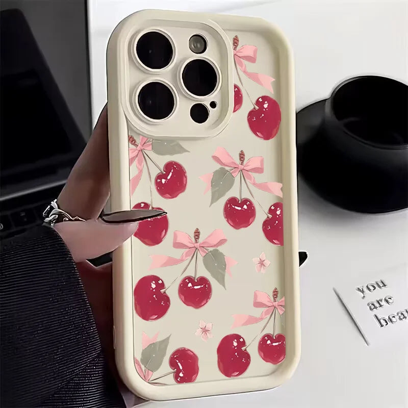 Small Cherry Pattern Case for iPhone 17 16 15 14 13 12 11 Pro Max XR XS Mini