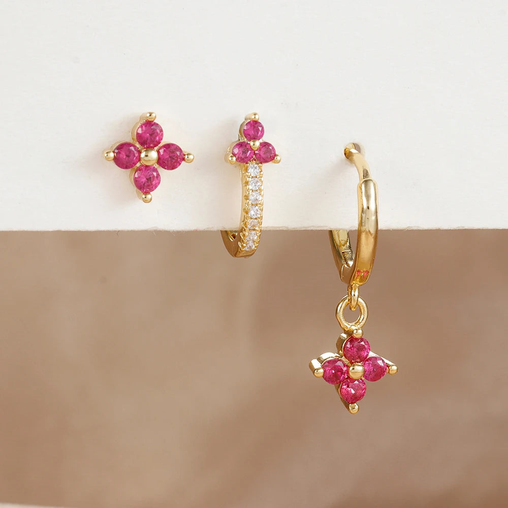 3PCS Fashion Stainless Steel Flower Small Hoop Earrings Set 18K Gold