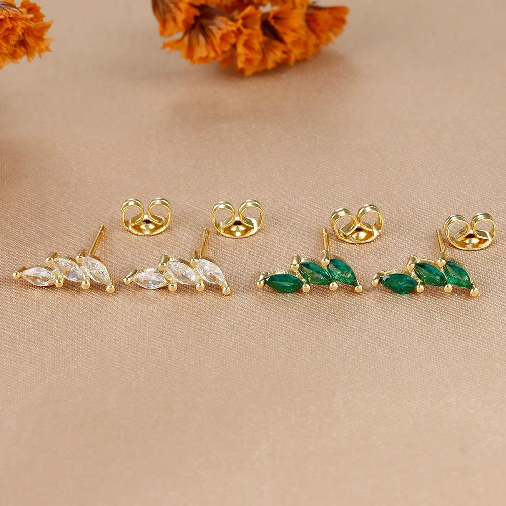 Exquisite Crystal Leaves Stud Earrings Stainless Steel Horse Eyes