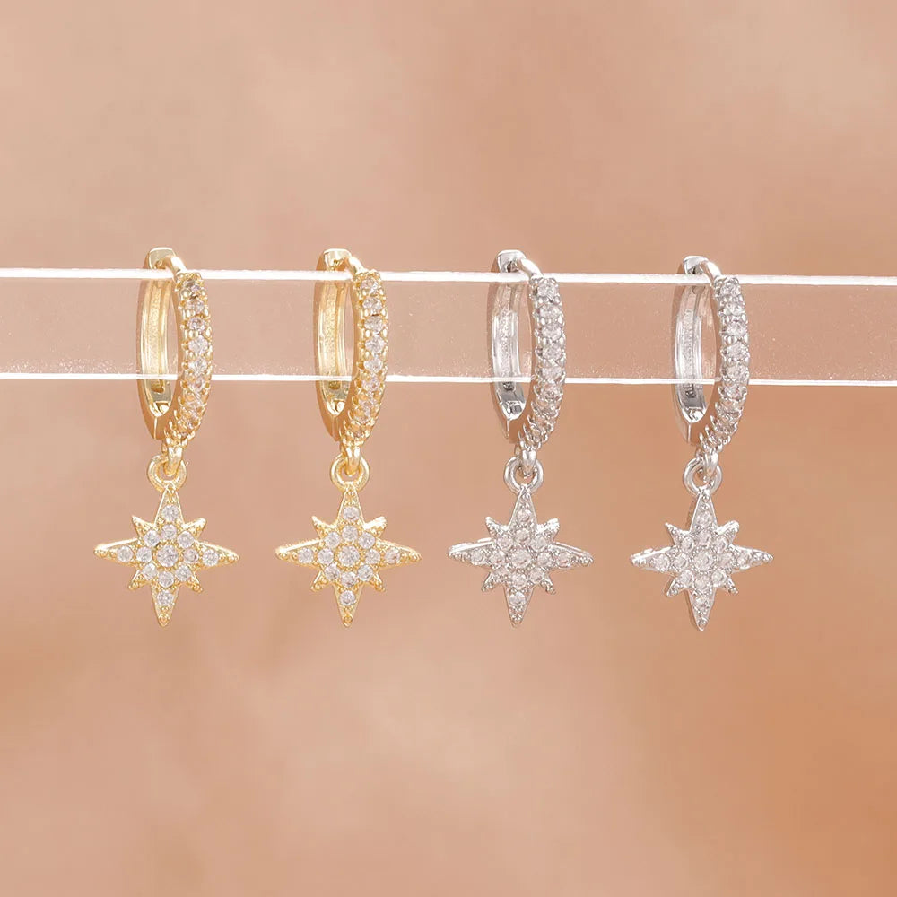 New Star Zircon Stainless Steel Pendant Hoop Earrings 18K Gold