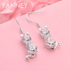 925 Sterling Silver Cute Kitten Zirconia Earrings Women Fashion Wedding Gift