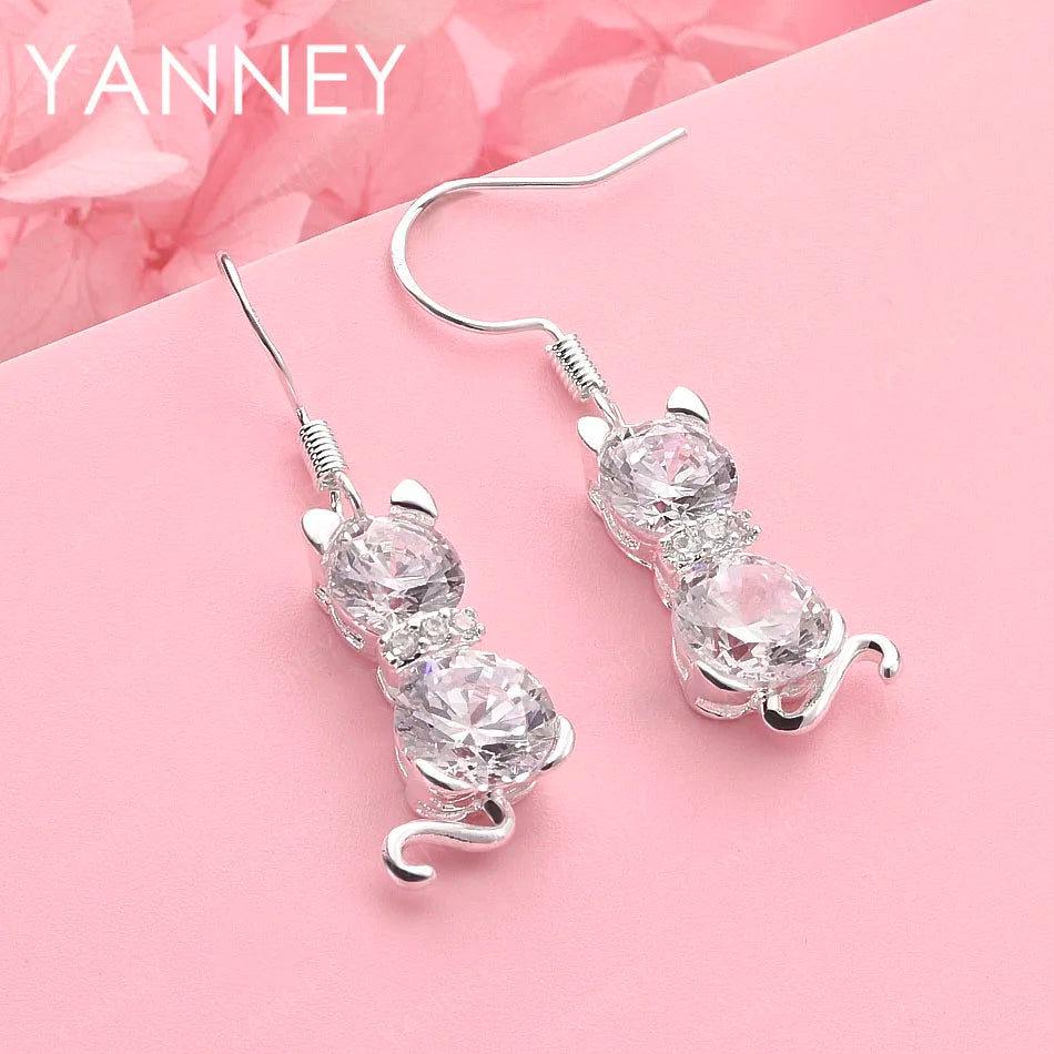 925 Sterling Silver Cute Kitten Zirconia Earrings Women Fashion Wedding Gift
