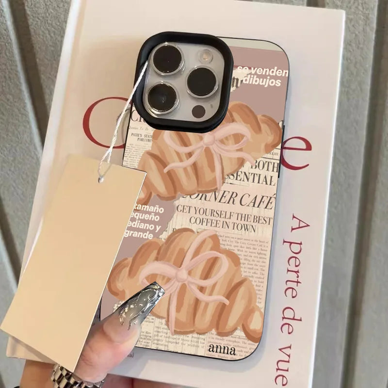 Croissant Newspaper Lychee Case for iPhone 17 16 15 14 13 Pro Max