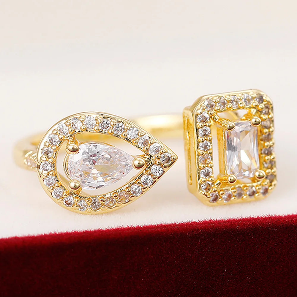 925 Sterling Silver Sparkling Zircon Water Drop Square Geometry Adjustable Ring Party Fine Jewellery
