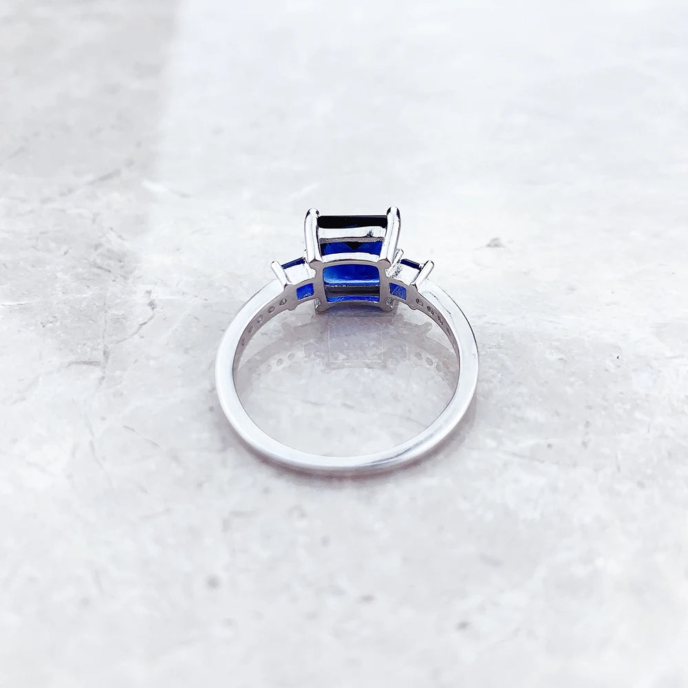 Cocktail Ring Blue White Square Stones 925 Sterling Silver Classic Jewellery