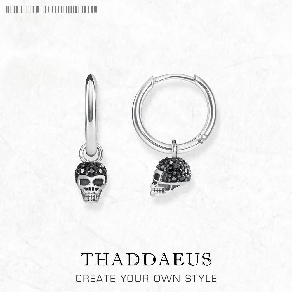 Black CZ Pave Skull Creole Hinged Hoop Earrings 925 Sterling Silver