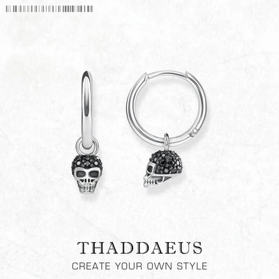 Black CZ Pave Skull Creole Hinged Hoop Earrings 925 Sterling Silver