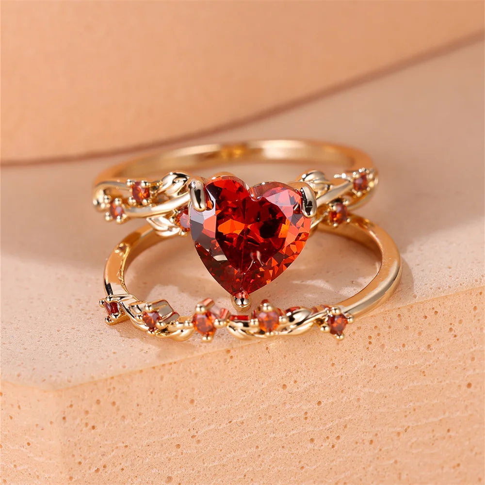 Royal Blue Green Black Red Stone Heart Ring Sets For Women Rose Gold Color White Zircon Bridal Wedding Bands Mothers Day Jewelry