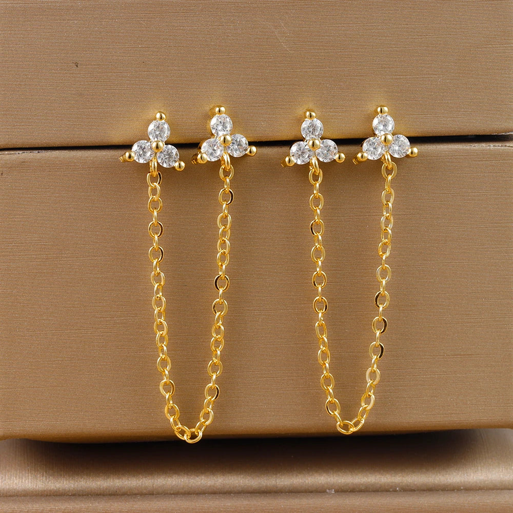 New Stainless Steel Cubic Zirconia Link Chain Ear Studs Triangle