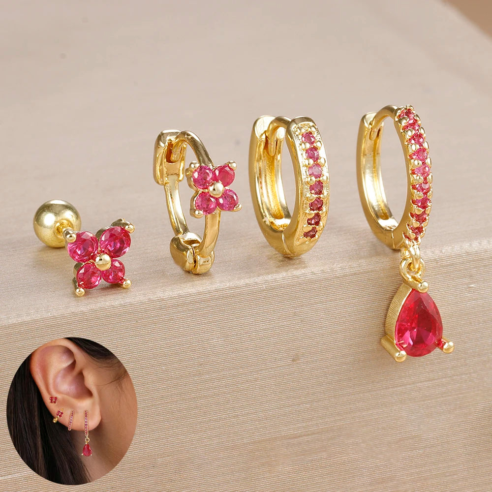 4pcs Korean Stainless Steel Zircon Water Drop Piercing Earrings Set