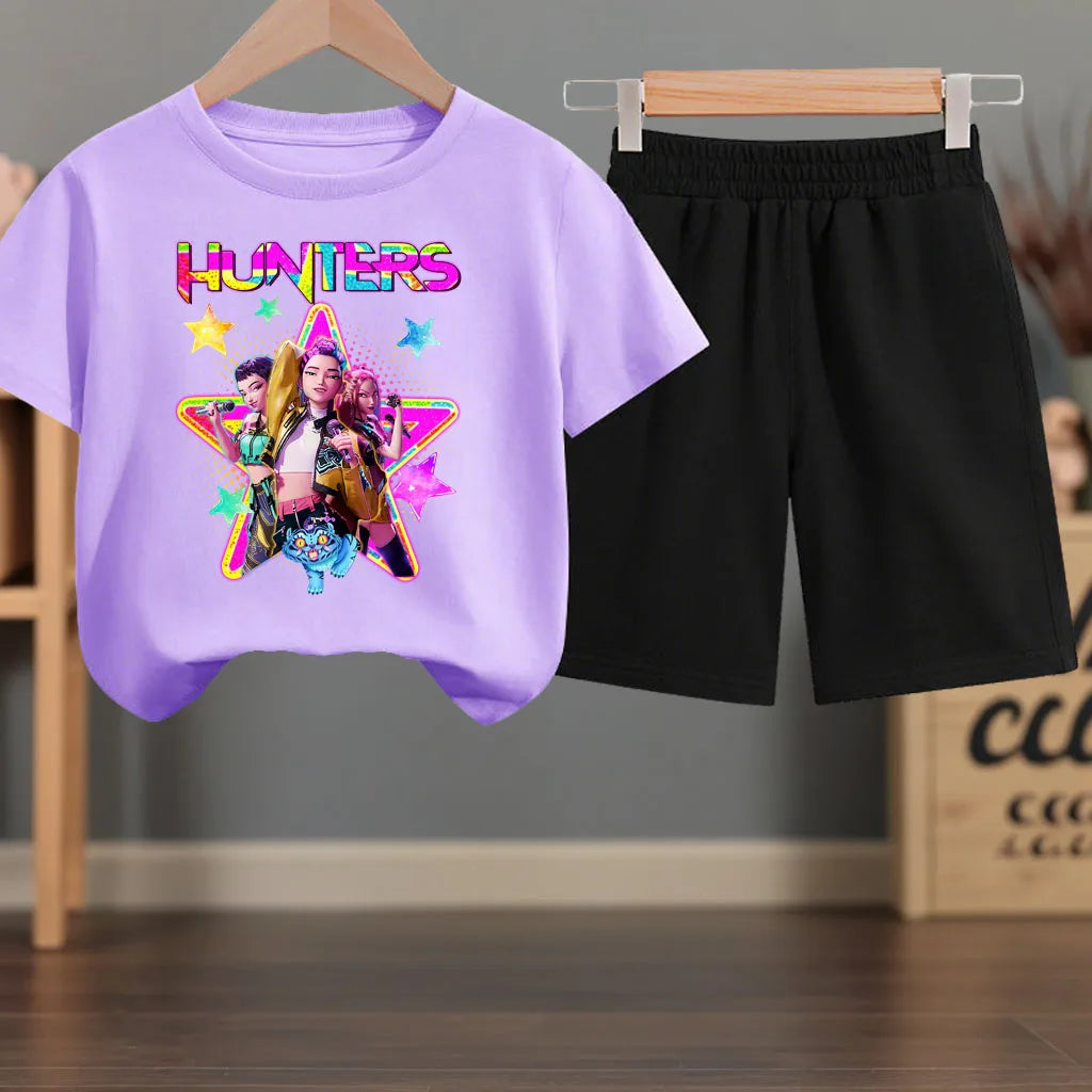 K-pop Girls Summer Casual T-Shirt and Shorts 2-Piece Fashion Outfit