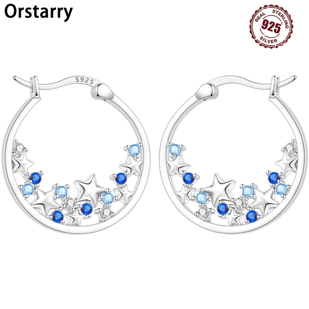 925 Sterling Silver Blue Zircon Starry Sky Hoop Earrings Trendy Jewellery