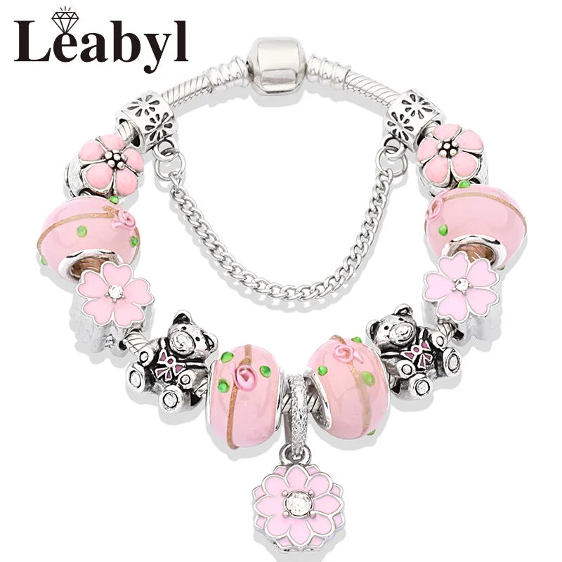 Romantic Pink Heart Charm Bracelet Fine Crystal DIY Bead Bangle Gift