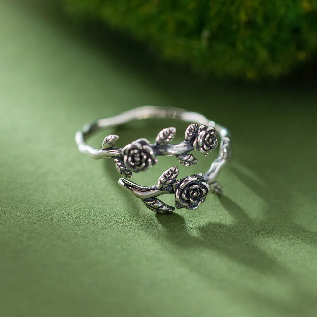 925 Sterling Silver Roses Branch Adjustable Ring Engagement Wedding Female Luxury Accessory