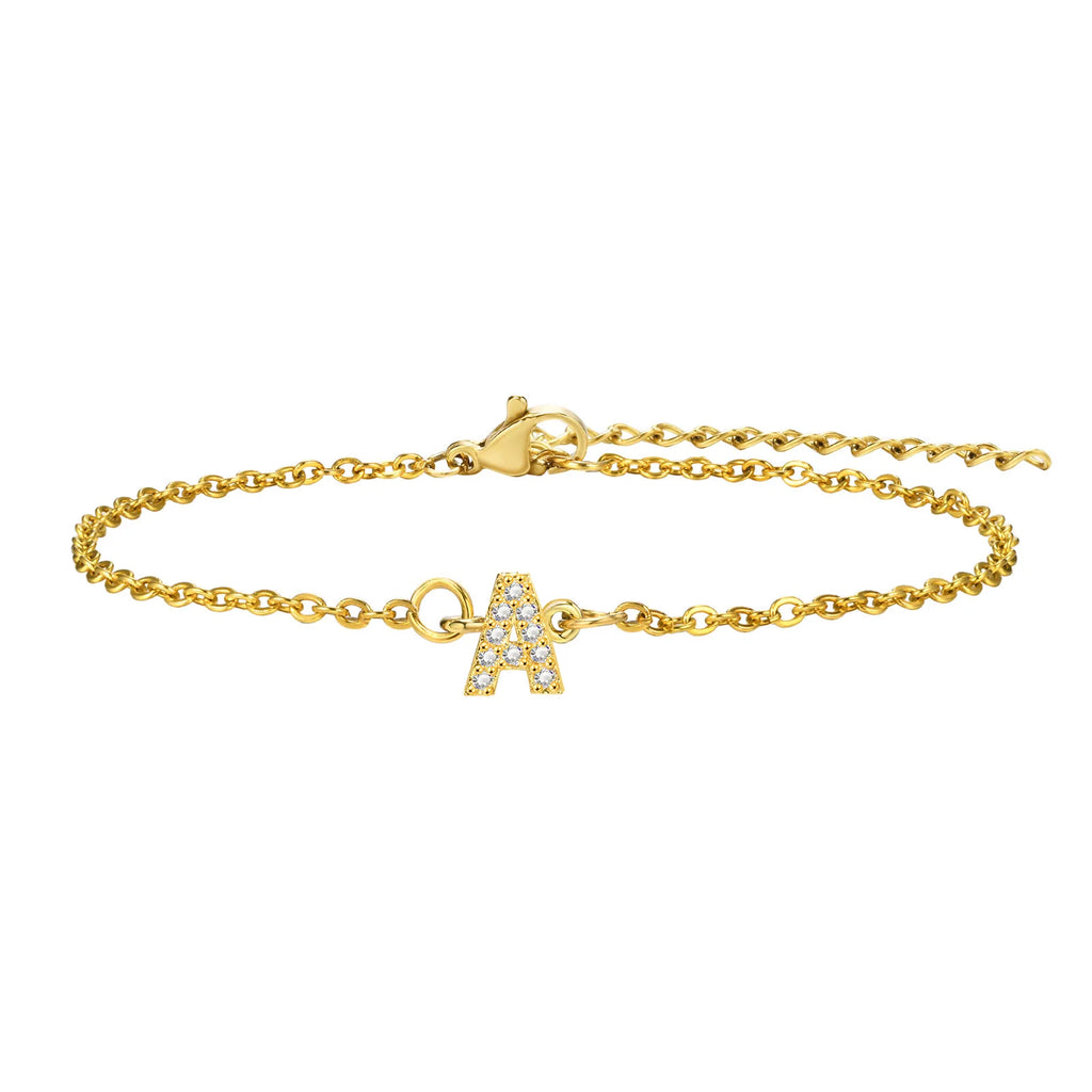 Charms Pave Initial Letter Bracelet, Paperclip Satellite Chain Stainless Steel Gold Plated, Handmade Jewelry for Women