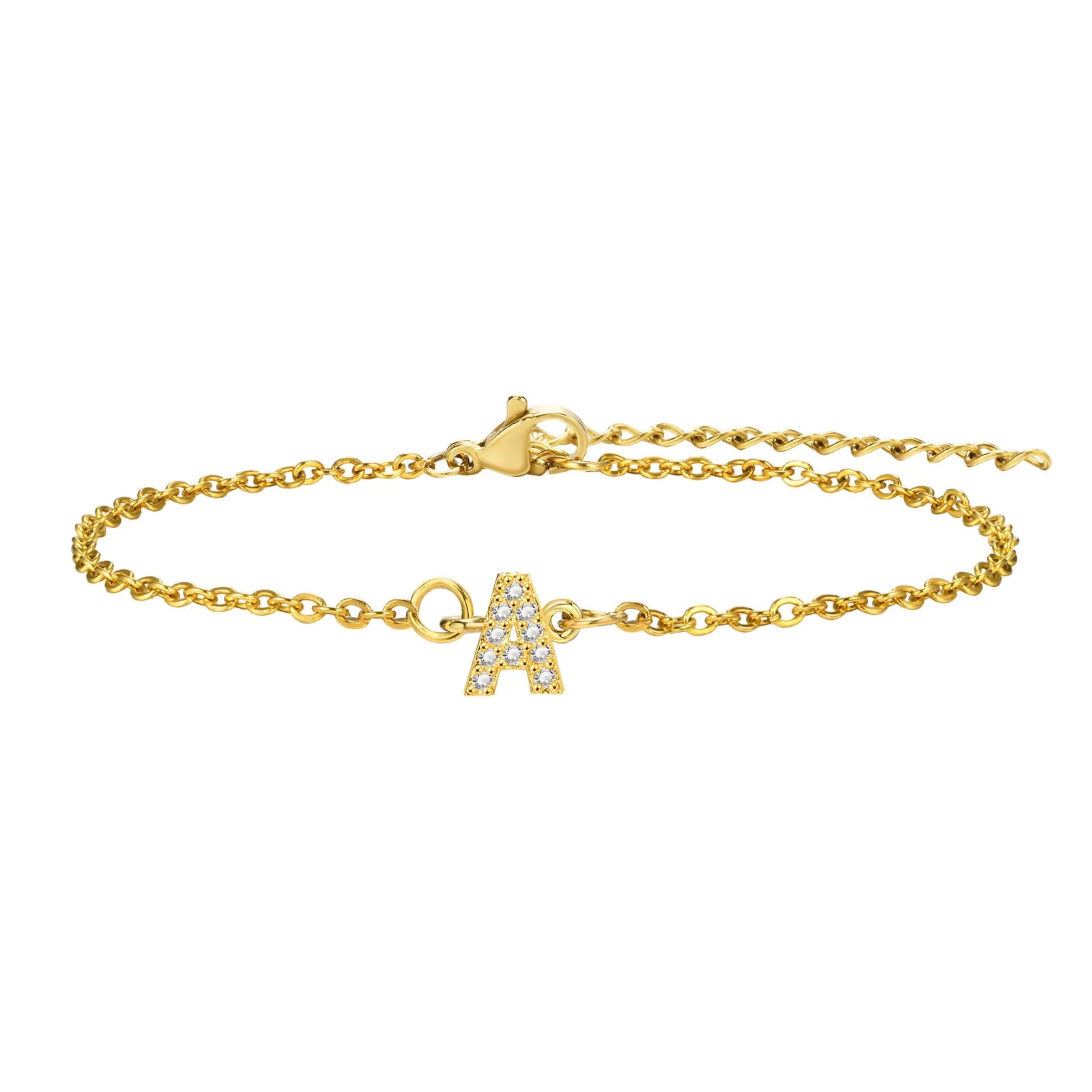 Charms Pave Initial Letter Bracelet, Paperclip Satellite Chain Stainless Steel Gold Plated, Handmade Jewelry for Women