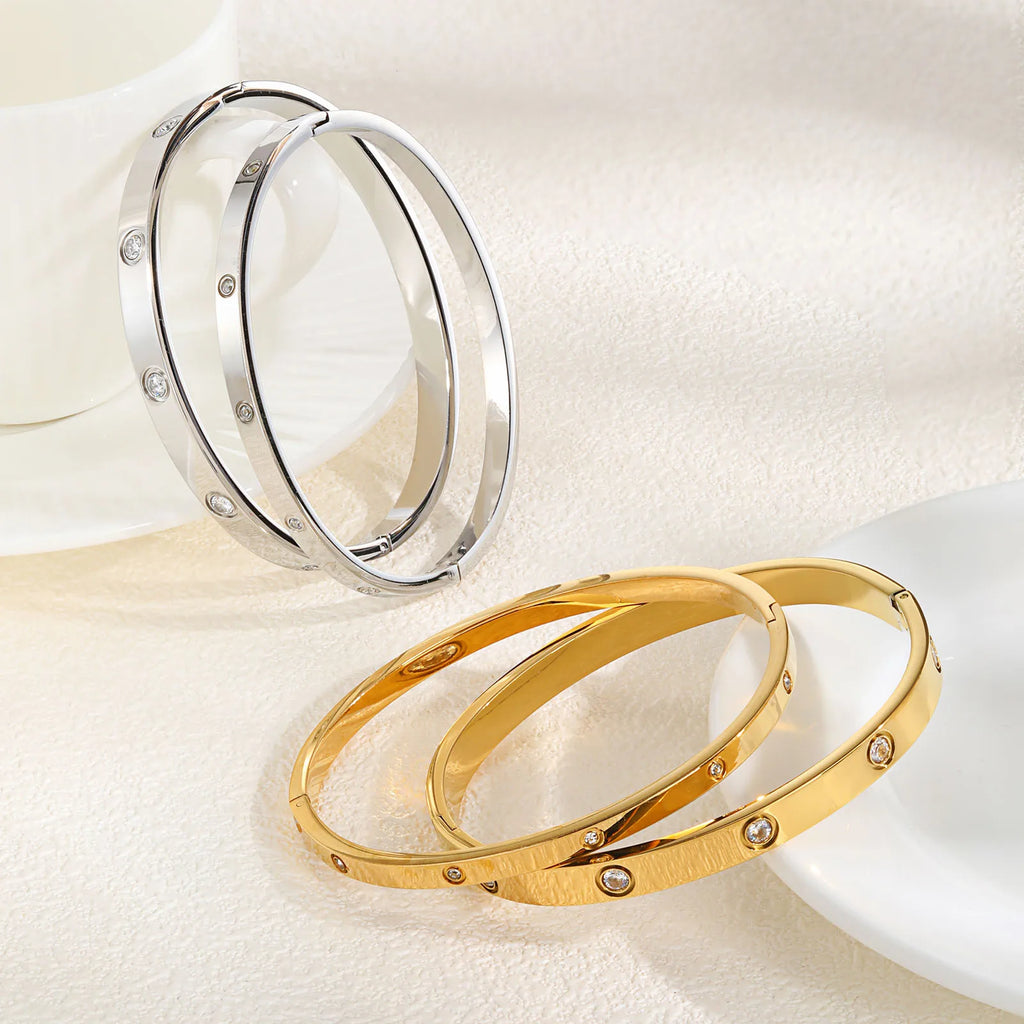 Cubic Zirconia Love Friendship Bracelets,6mm 4mm Women Bangles With CZ Stones, 18K Gold Plated Stainless Steel Jewelry