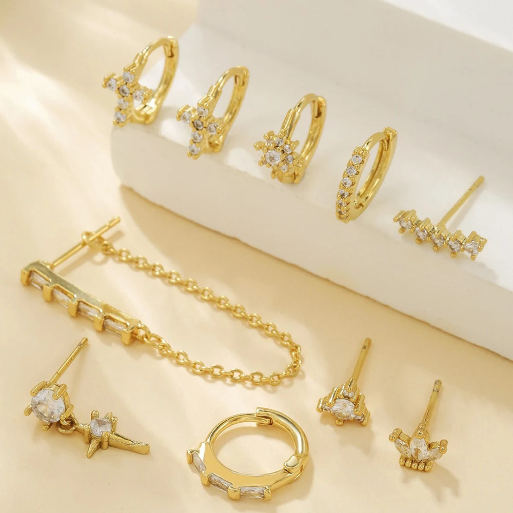 New Stainless Steel Zircon Star Cross Hoop Earring Gold y2k Crown