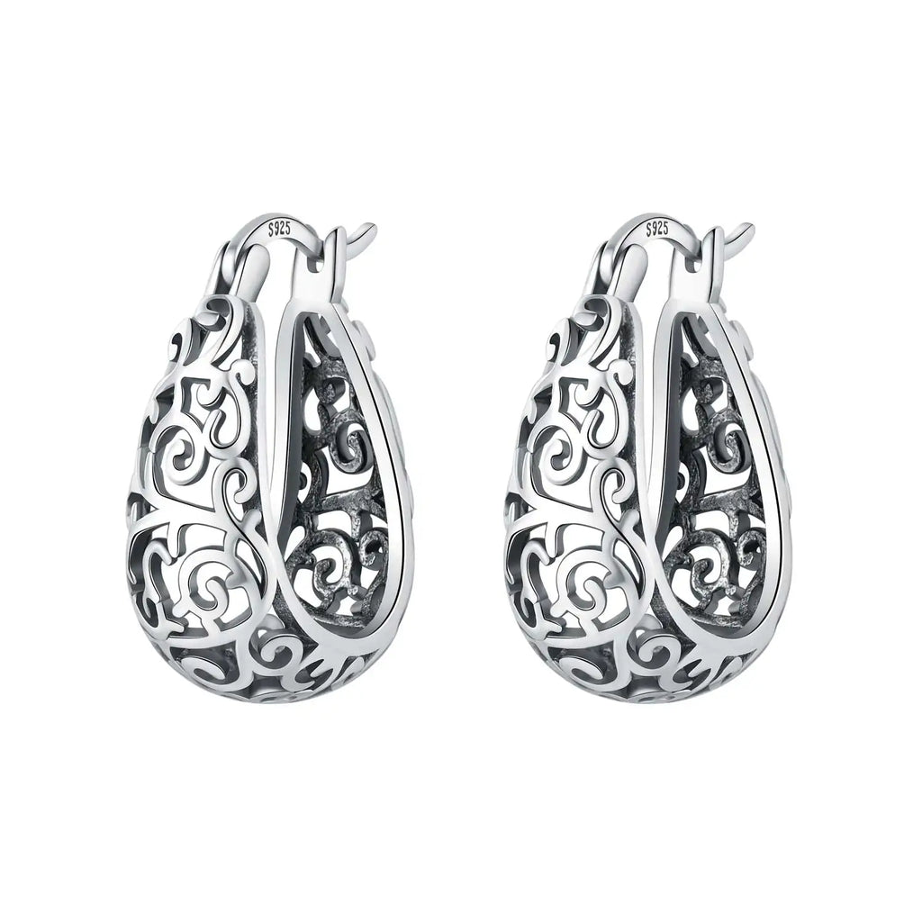 925 Sterling Silver Retro Grass Pattern Versatile Hoop Earrings Birthday Gift