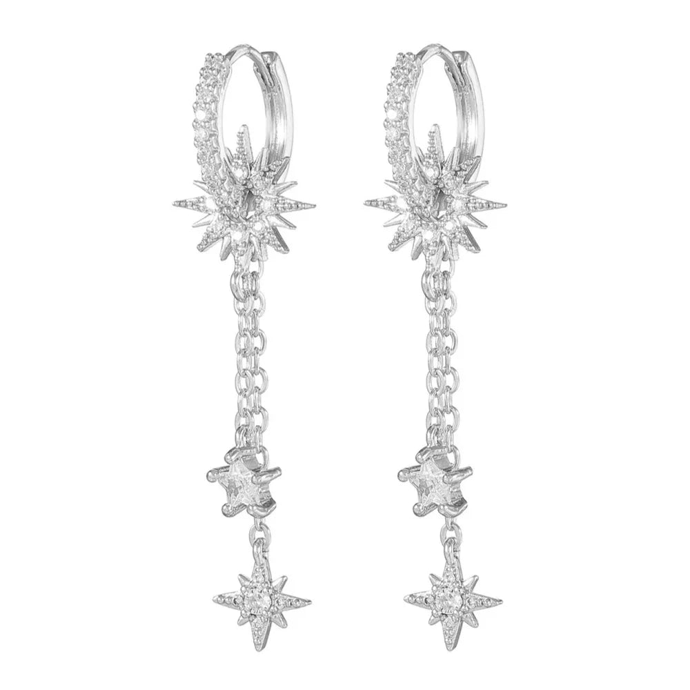 Vintage Stainless Steel Zirconia Sun Star Dangle Earrings Punk Rock