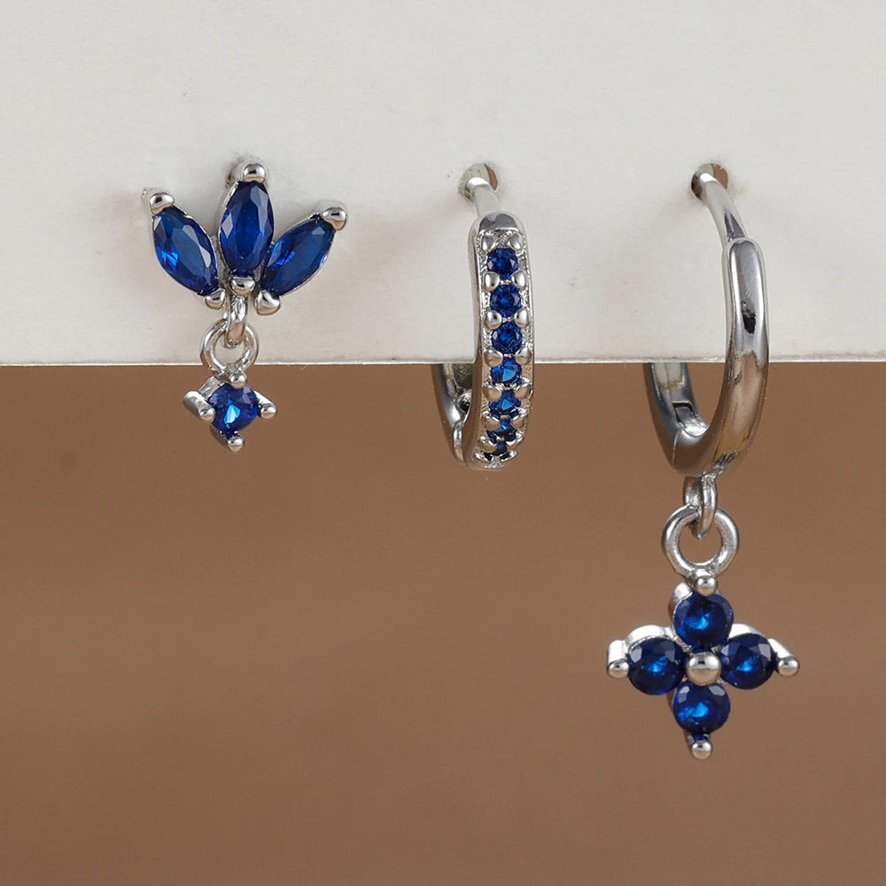 3PCS Fashion Orange Blue Zircon Hanging Earrings Stainless Steel Flower