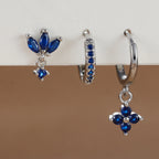 3PCS Fashion Orange Blue Zircon Hanging Earrings Stainless Steel Flower
