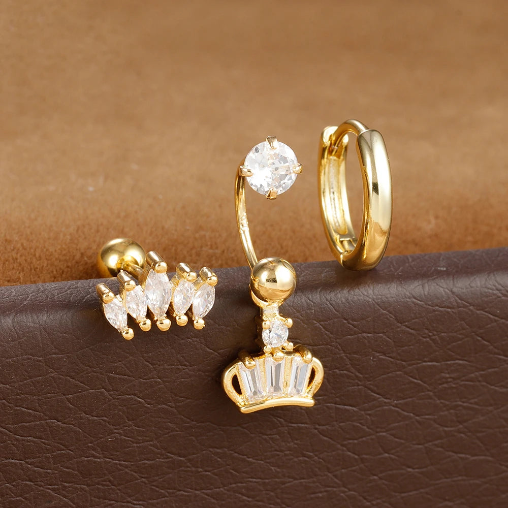 3pcs Stainless Steel Zircon Huggie Hoop Earrings Set Star Moon