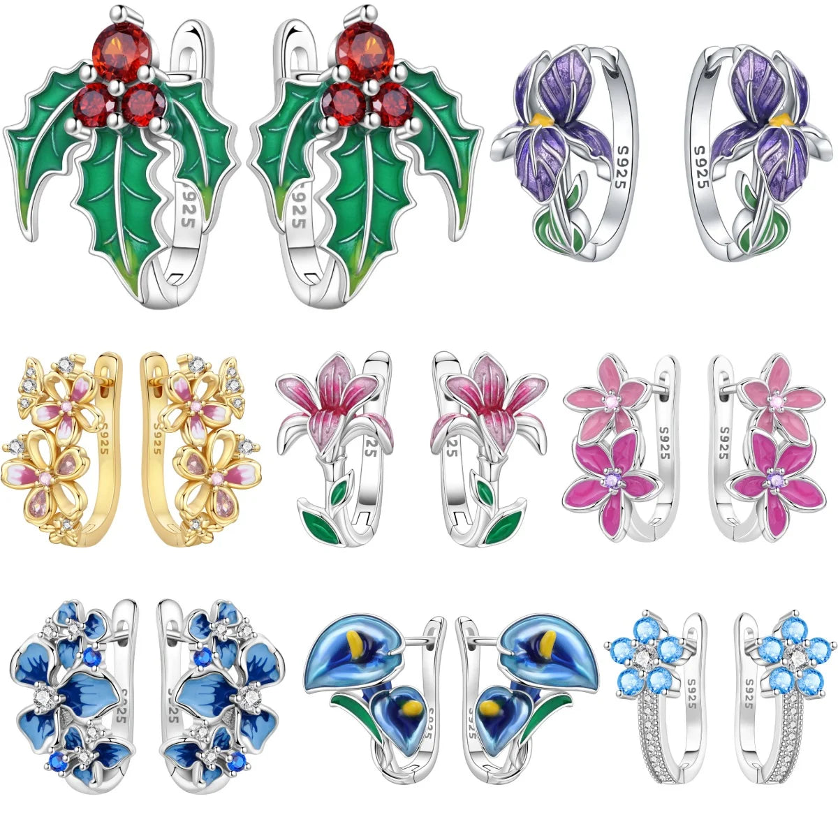 925 Sterling Silver Purple Flowers Versatile Hoop Earrings Fine Birthday Gift