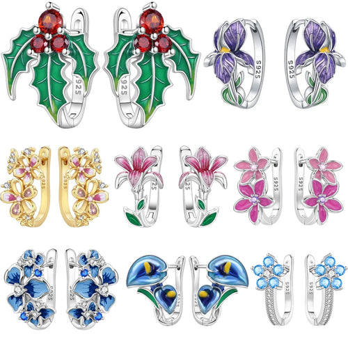 925 Sterling Silver Purple Flowers Versatile Hoop Earrings Fine Birthday Gift