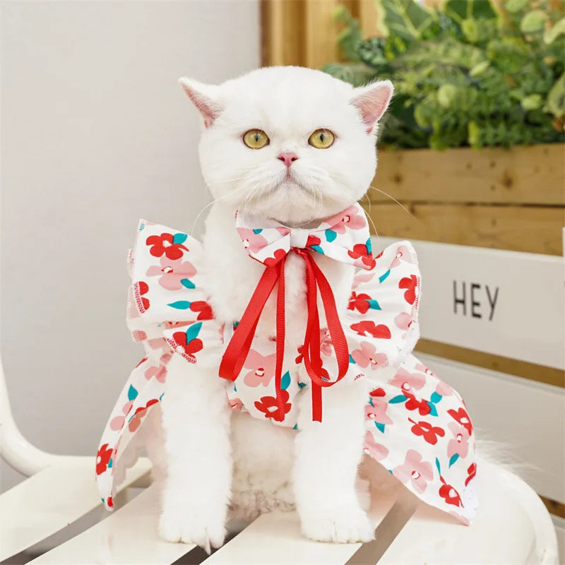 Sweet Bow Dog Cat Dress Set, Floral Lace Party Dress with Bow Tie, Cute Photoshoot Outfit for Small Medium Pets, Special Occasio