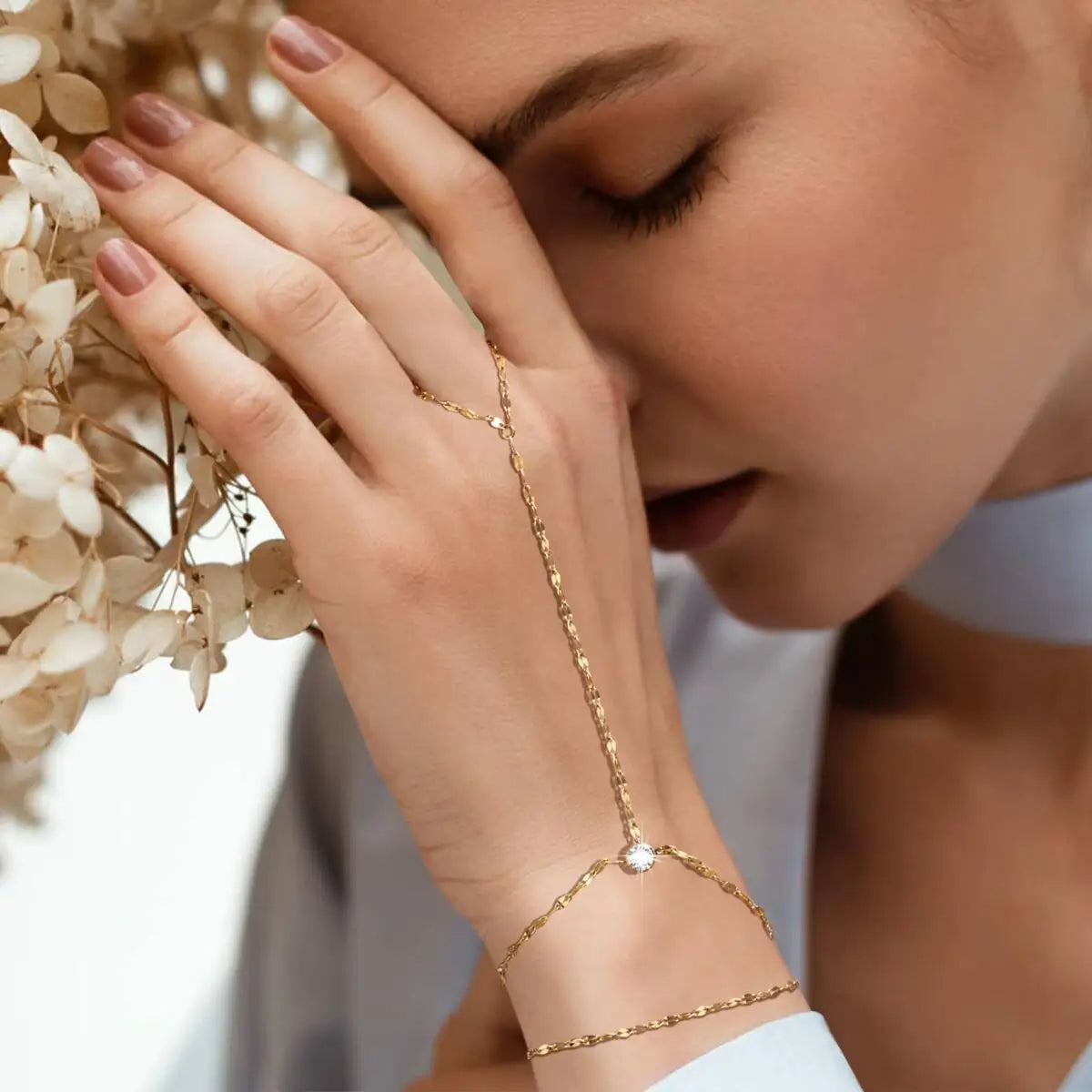 Stainless Steel Hand Chain Ring Bracelet for Women, Adjustable Gold Plated Doule-layer Bracelets, Christmas Party Jewelry