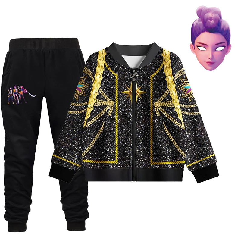 Girls Kpop Demon Hunters Rumi Cosplay Costume Coat & Pants 2PC Halloween Suit