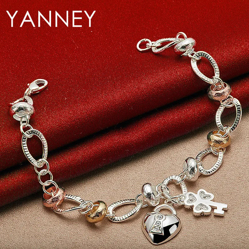 925 Sterling Silver 8-inch Heart Four-Leaf Clover Bracelet Women Party Gift
