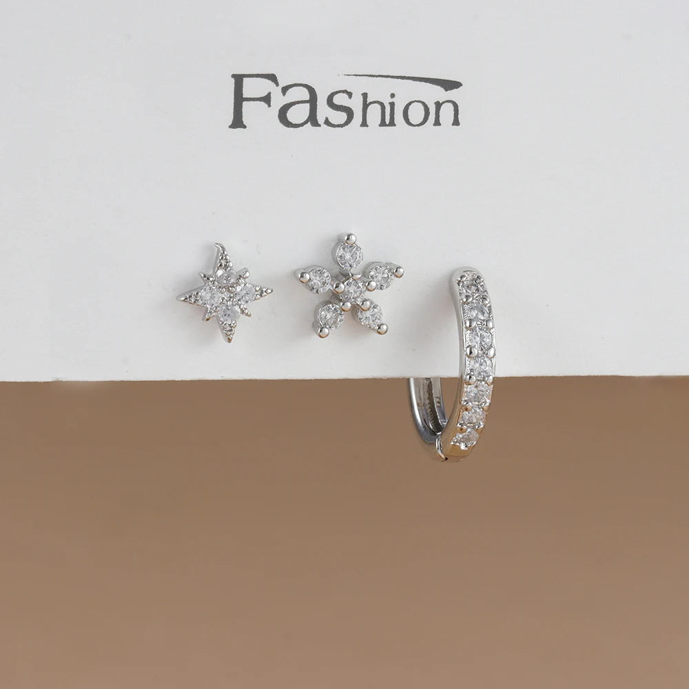 3PCS Trendy Double-layer Circle Cubic Zircon Star Hanging Earrings