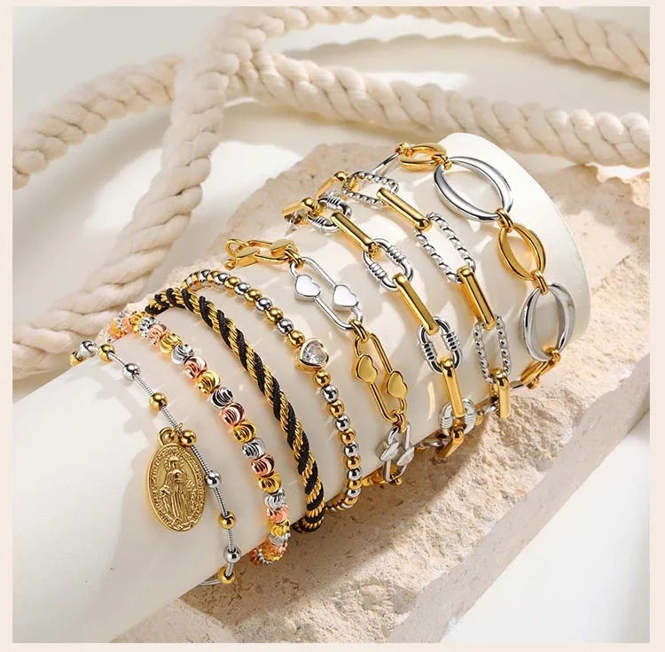 Two Tone Chain Bracelet for Women, Chunky Mixed Metal Link, Stainless Steel Waterproof Jewelry, Stylish Adjustable Wristband